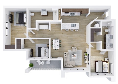 Floor plan for 3 beds, 2 baths, 1197 sqft